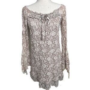 Vintage Crochet Mesh Lace Mini Dress Floral Medium Flare Sleeve Cream Romantic